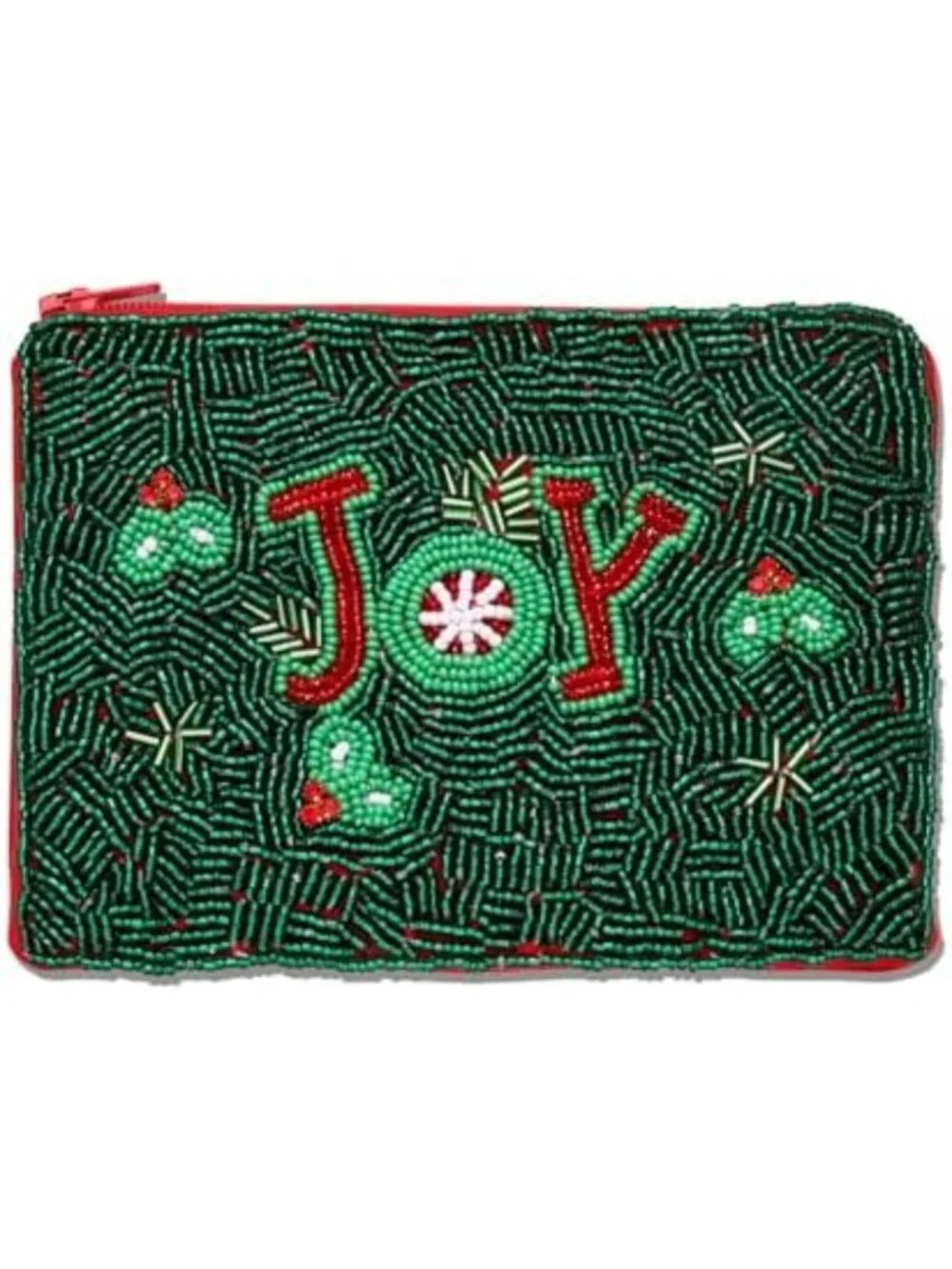 Handmade Christmas Coin Purse - Beaded Holly Jolly Wallet for Women, Zipper